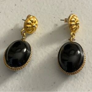 LCi Black and Gold Oval Drop Earrings with Textured Stud